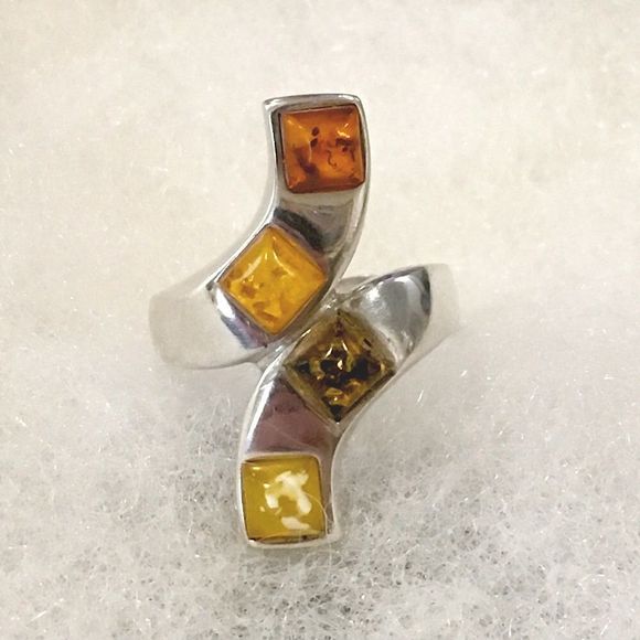 VINTAGE Amber Sterling Silver Bypass Ring Sz 9-1/2 - Picture 9 of 9